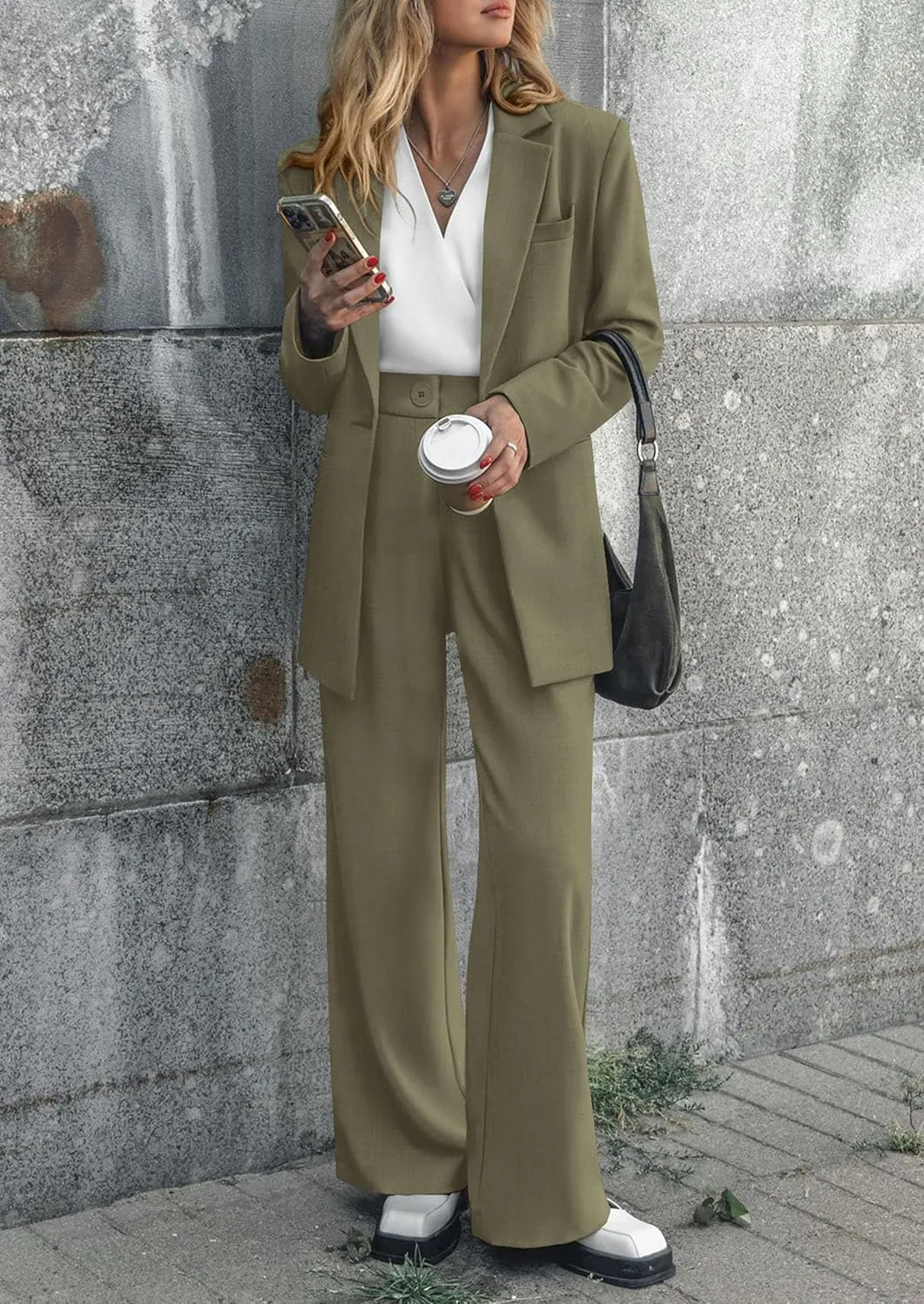 PRETTYGARDEN Women's Fall Two Piece Outfits Dressy Blazer Jacket and Wide Leg Pants Pockets Business Casual Office Suit Sets