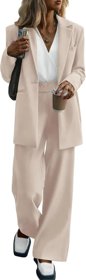 PRETTYGARDEN Women's Fall Two Piece Outfits Dressy Blazer Jacket and Wide Leg Pants Pockets Business Casual Office Suit Sets