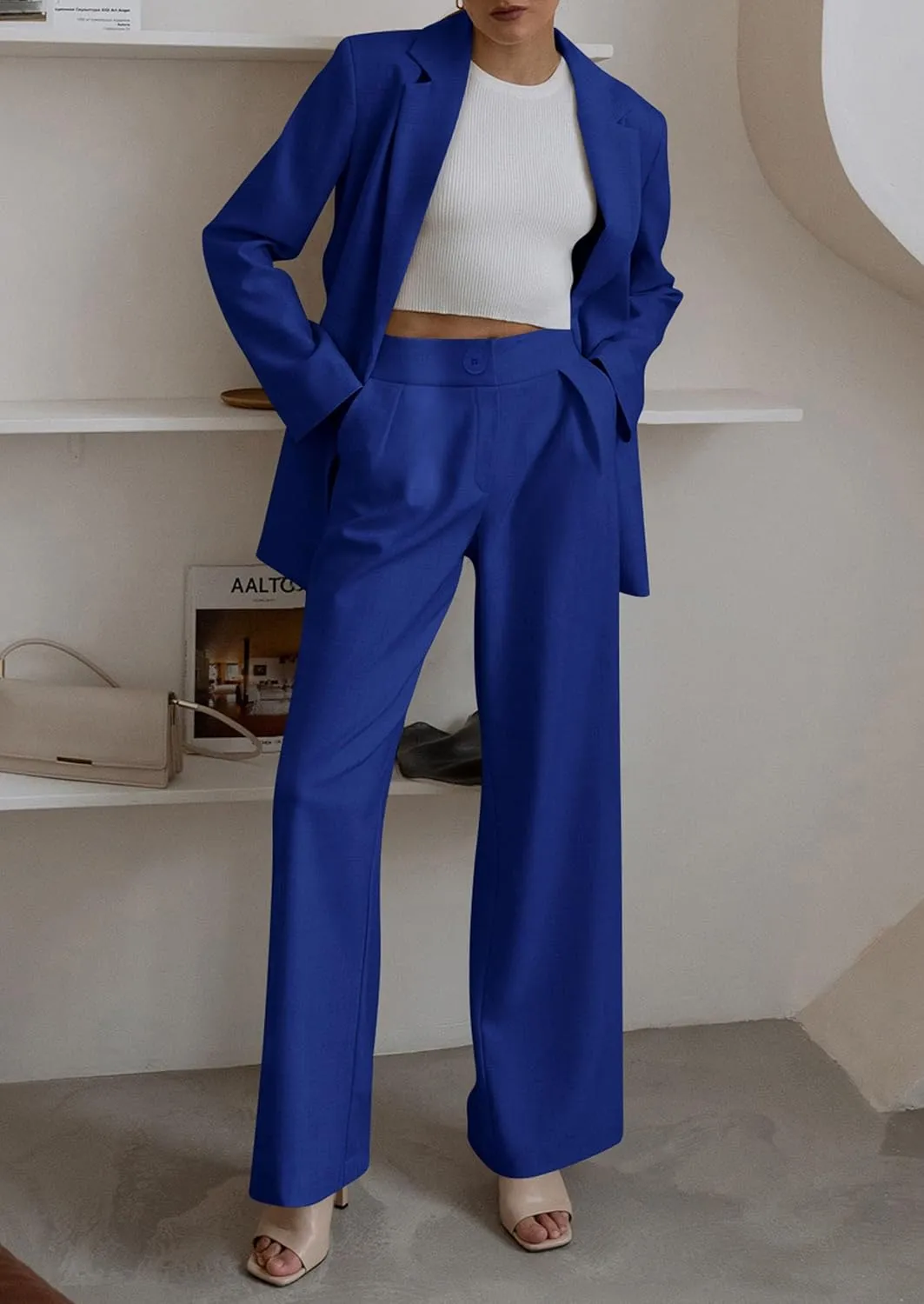 PRETTYGARDEN Women's Fall Two Piece Outfits Dressy Blazer Jacket and Wide Leg Pants Pockets Business Casual Office Suit Sets