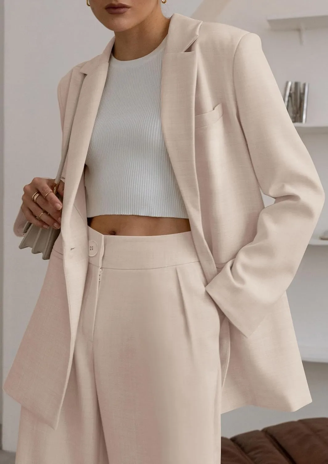 PRETTYGARDEN Women's Fall Two Piece Outfits Dressy Blazer Jacket and Wide Leg Pants Pockets Business Casual Office Suit Sets