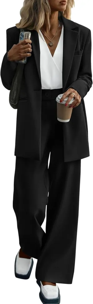 PRETTYGARDEN Women's Fall Two Piece Outfits Dressy Blazer Jacket and Wide Leg Pants Pockets Business Casual Office Suit Sets