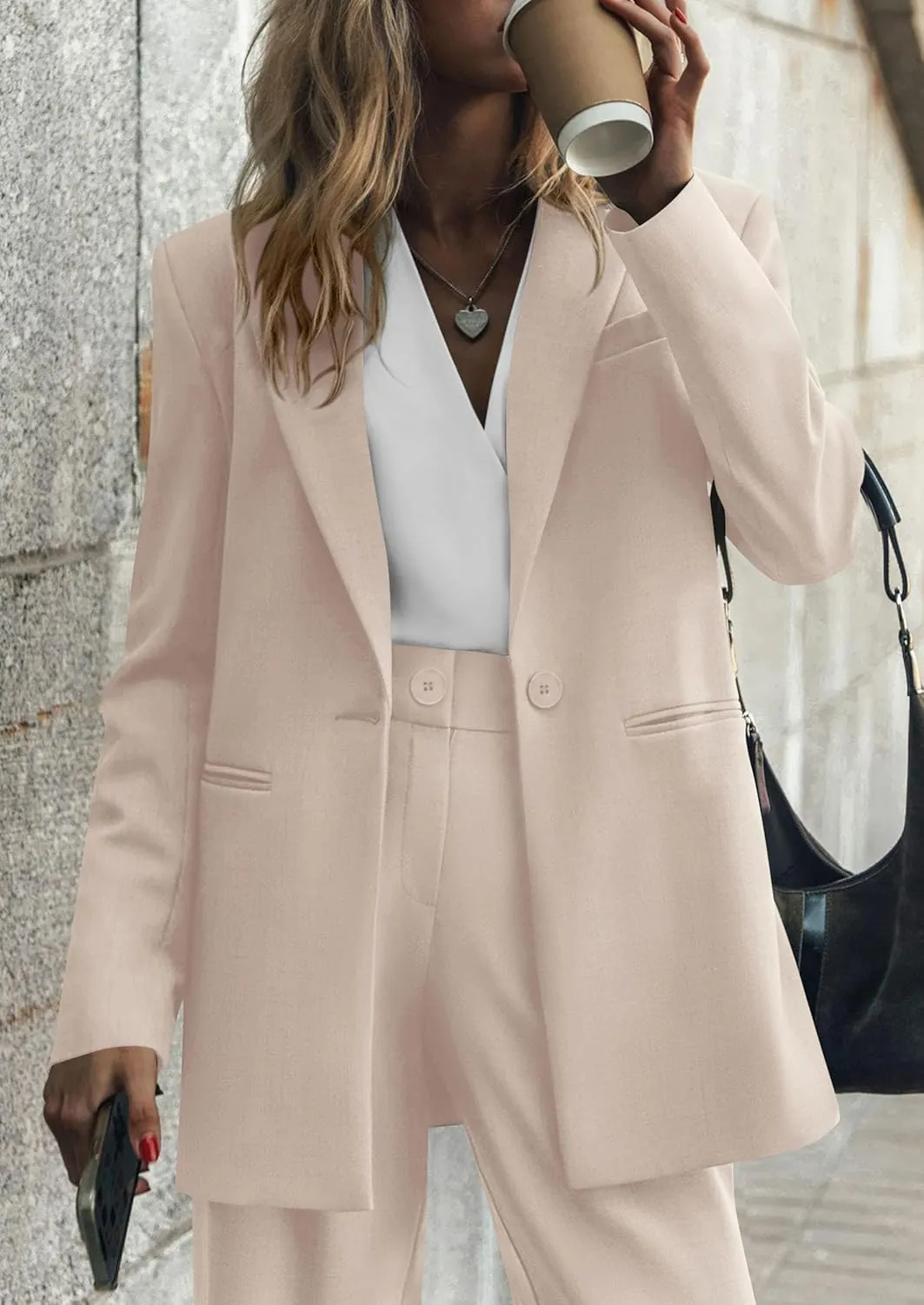 PRETTYGARDEN Women's Fall Two Piece Outfits Dressy Blazer Jacket and Wide Leg Pants Pockets Business Casual Office Suit Sets