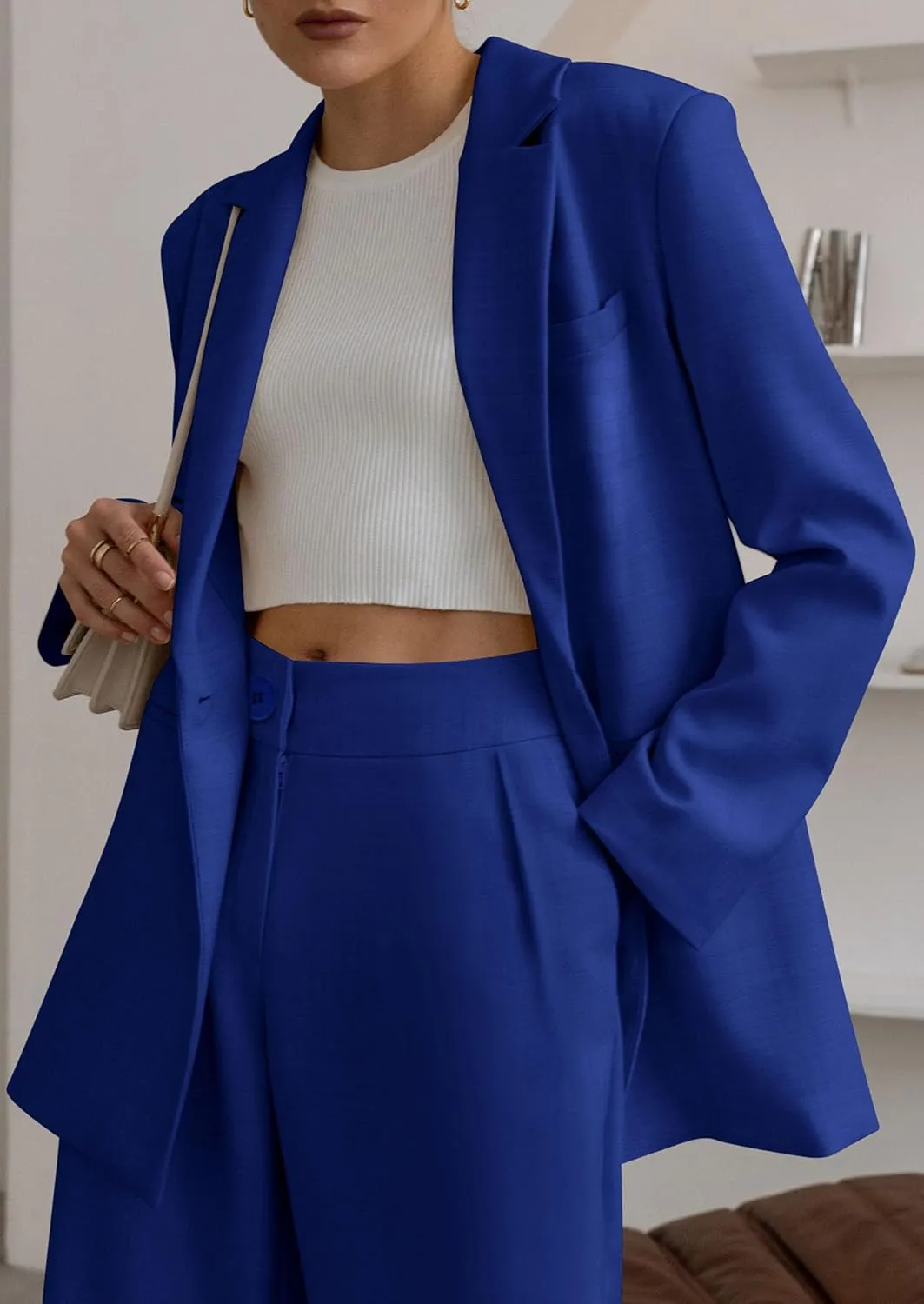 PRETTYGARDEN Women's Fall Two Piece Outfits Dressy Blazer Jacket and Wide Leg Pants Pockets Business Casual Office Suit Sets