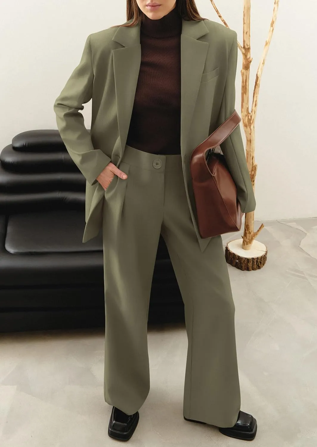 PRETTYGARDEN Women's Fall Two Piece Outfits Dressy Blazer Jacket and Wide Leg Pants Pockets Business Casual Office Suit Sets