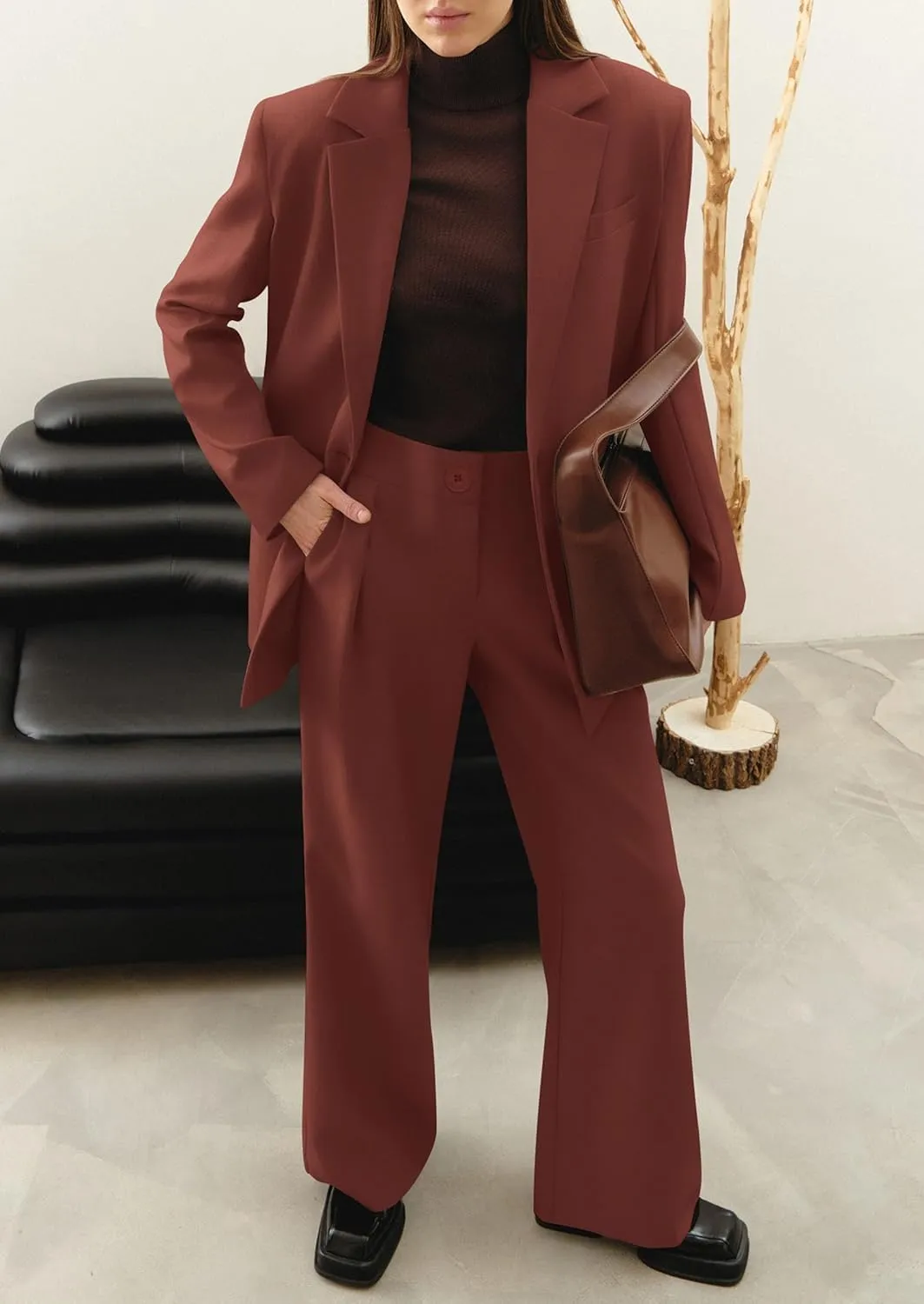 PRETTYGARDEN Women's Fall Two Piece Outfits Dressy Blazer Jacket and Wide Leg Pants Pockets Business Casual Office Suit Sets