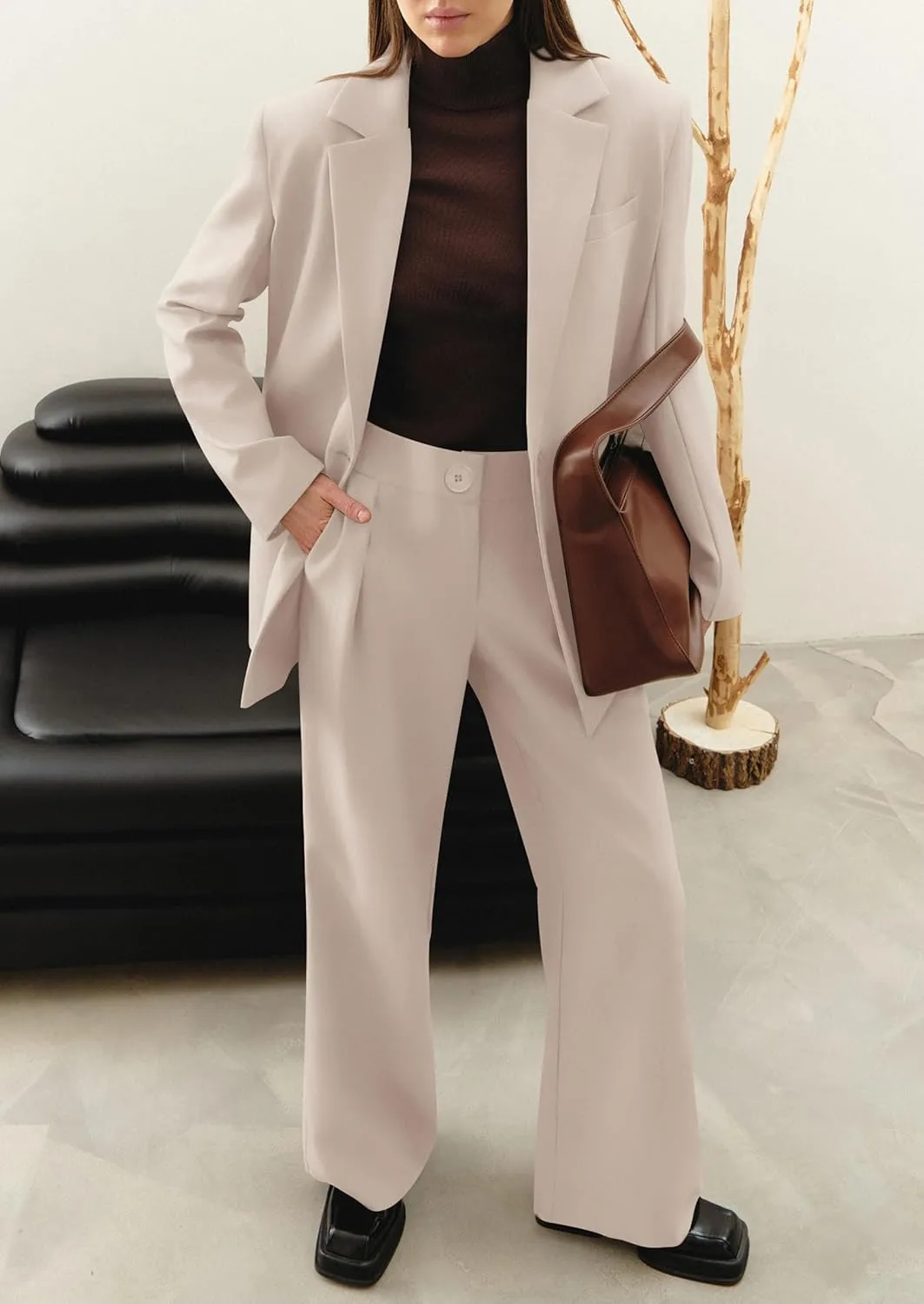 PRETTYGARDEN Women's Fall Two Piece Outfits Dressy Blazer Jacket and Wide Leg Pants Pockets Business Casual Office Suit Sets