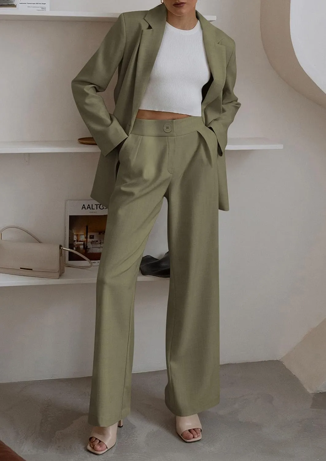 PRETTYGARDEN Women's Fall Two Piece Outfits Dressy Blazer Jacket and Wide Leg Pants Pockets Business Casual Office Suit Sets