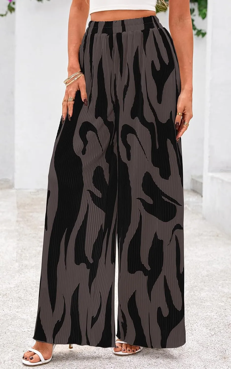 PRETTYGARDEN Womens Pants Dressy Casual Wide Leg Graphic Print Lounge Pants Women Comfy High Waist Pleated Palazzo Pants