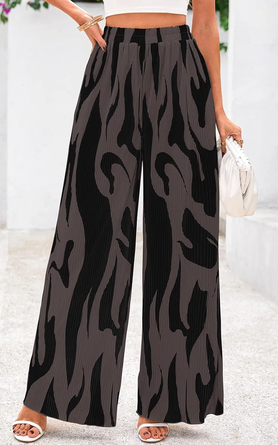 PRETTYGARDEN Womens Pants Dressy Casual Wide Leg Graphic Print Lounge Pants Women Comfy High Waist Pleated Palazzo Pants