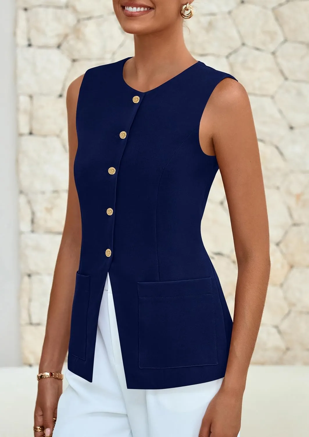 PRETTYGARDEN Women's Sleeveless Blazer Vest Summer 2025 Trendy Button Down Business Suit Vest Tops Outerwear Waistcoat