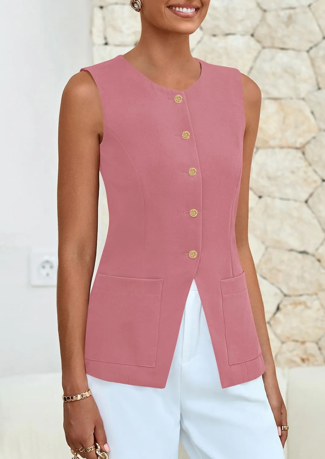 PRETTYGARDEN Women's Sleeveless Blazer Vest Summer 2025 Trendy Button Down Business Suit Vest Tops Outerwear Waistcoat