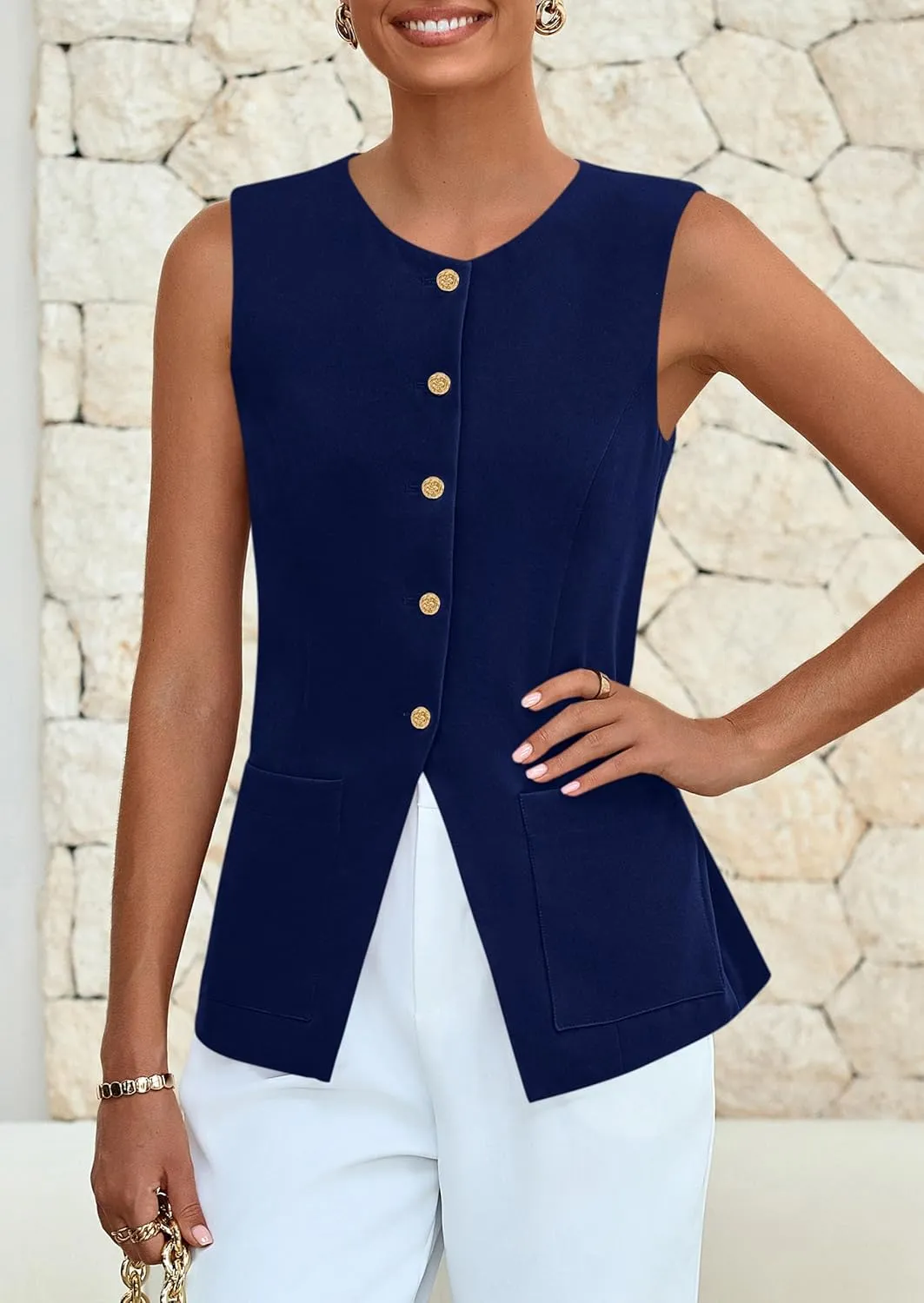 PRETTYGARDEN Women's Sleeveless Blazer Vest Summer 2025 Trendy Button Down Business Suit Vest Tops Outerwear Waistcoat