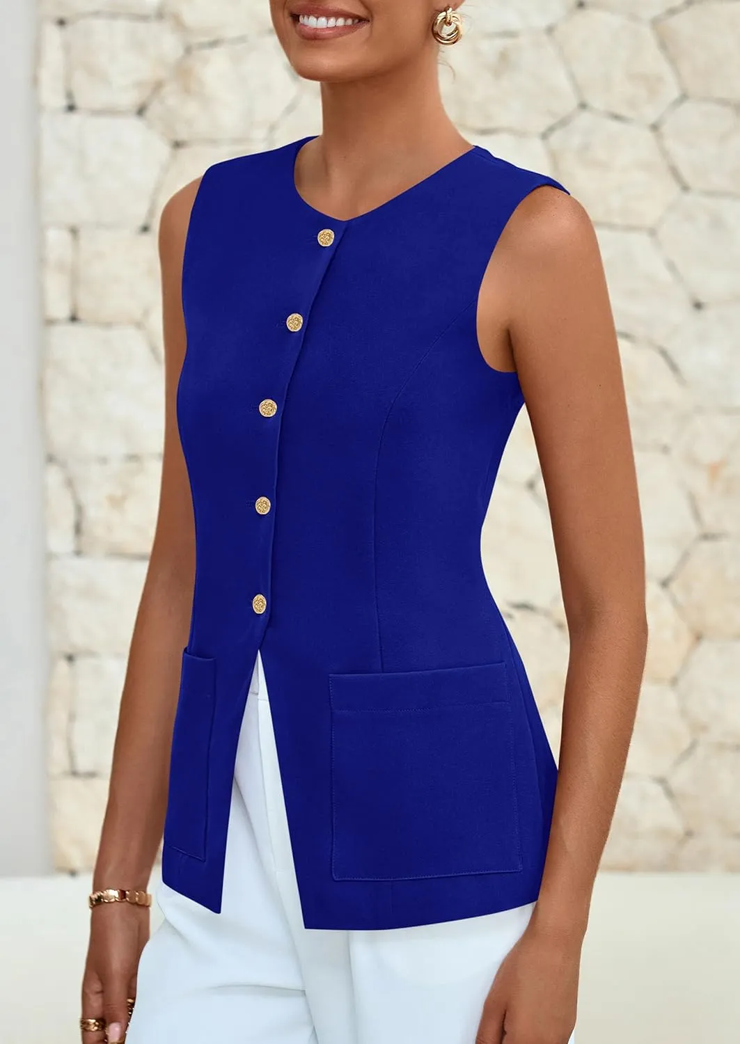 PRETTYGARDEN Women's Sleeveless Blazer Vest Summer 2025 Trendy Button Down Business Suit Vest Tops Outerwear Waistcoat