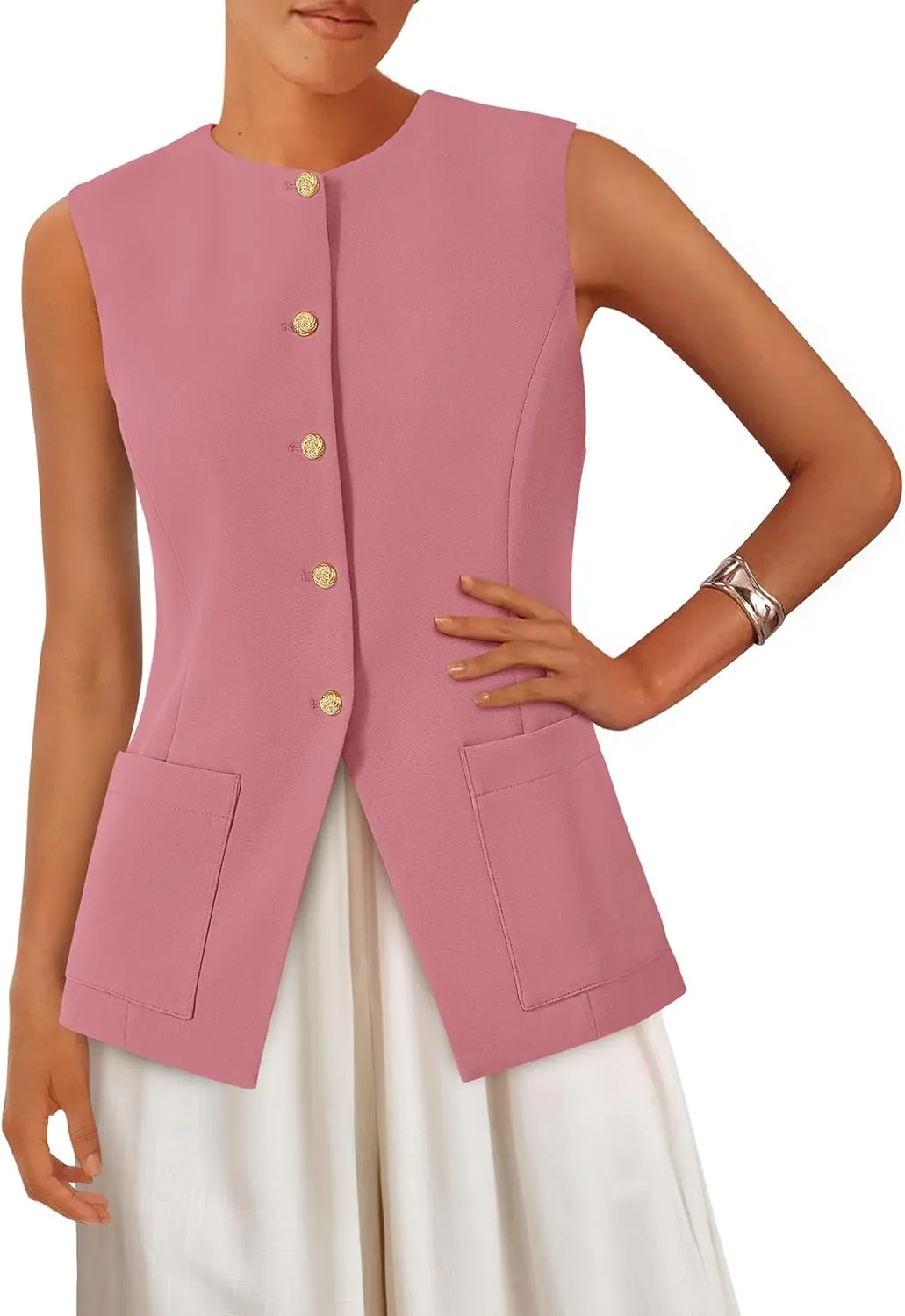 PRETTYGARDEN Women's Sleeveless Blazer Vest Summer 2025 Trendy Button Down Business Suit Vest Tops Outerwear Waistcoat