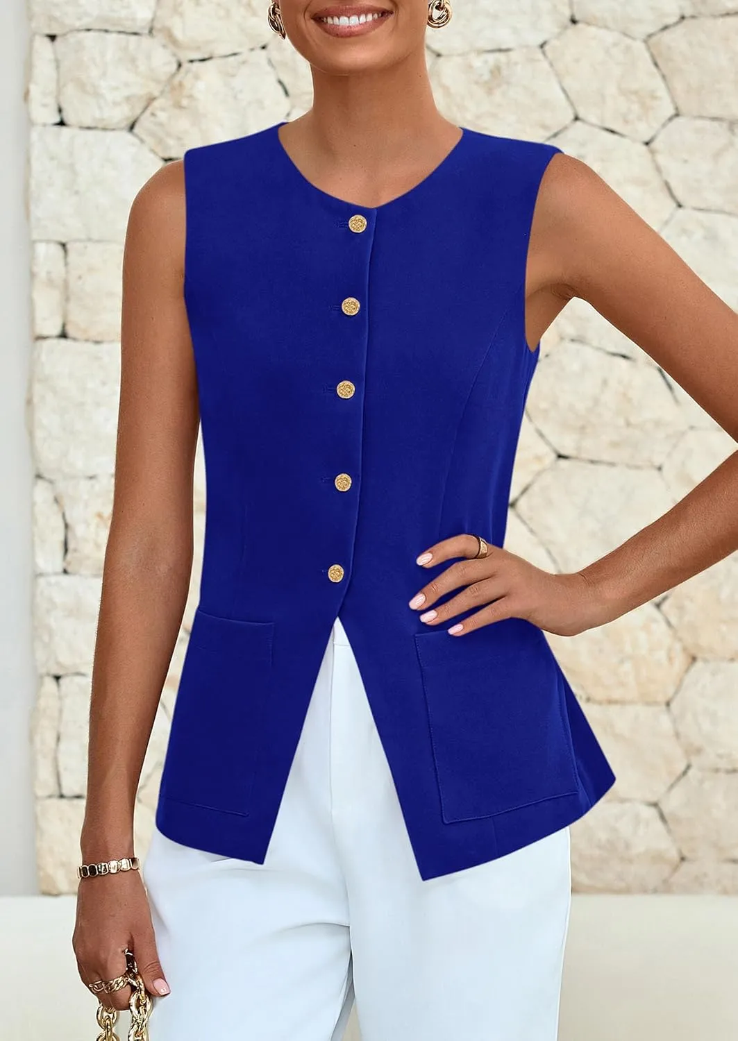 PRETTYGARDEN Women's Sleeveless Blazer Vest Summer 2025 Trendy Button Down Business Suit Vest Tops Outerwear Waistcoat