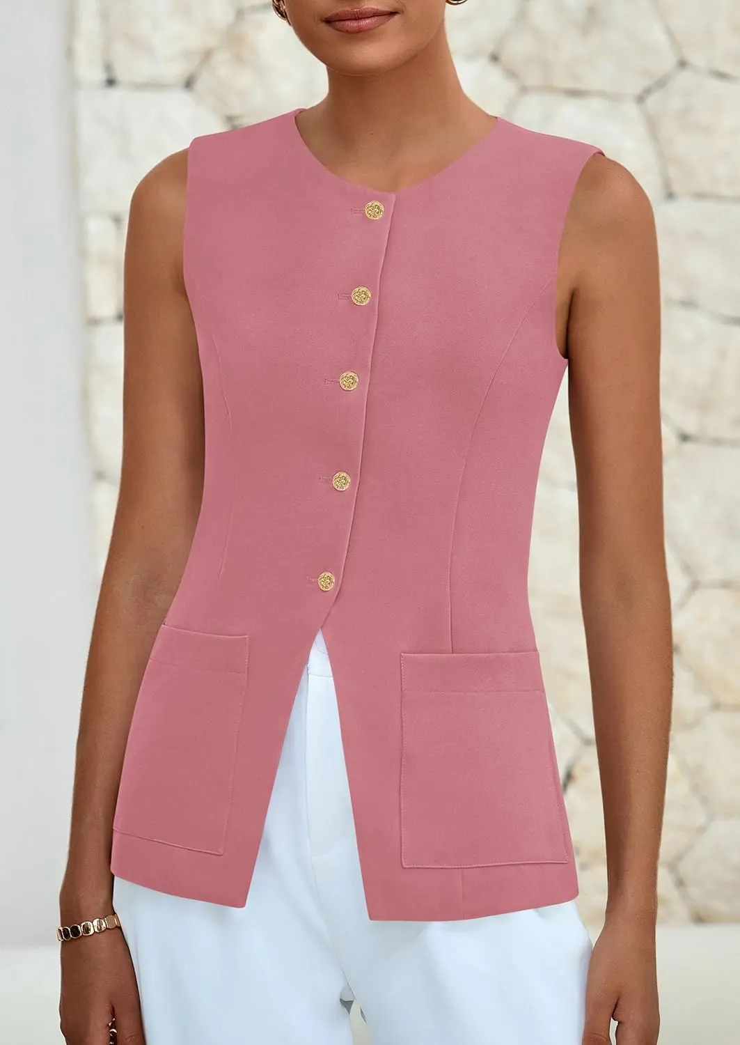 PRETTYGARDEN Women's Sleeveless Blazer Vest Summer 2025 Trendy Button Down Business Suit Vest Tops Outerwear Waistcoat