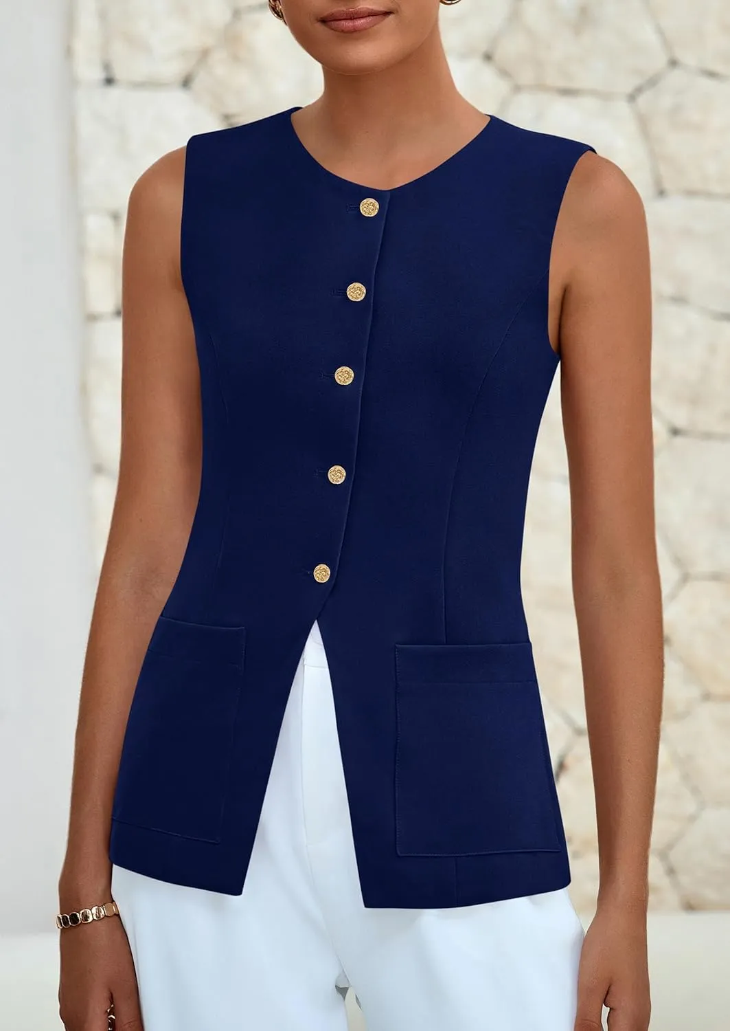 PRETTYGARDEN Women's Sleeveless Blazer Vest Summer 2025 Trendy Button Down Business Suit Vest Tops Outerwear Waistcoat