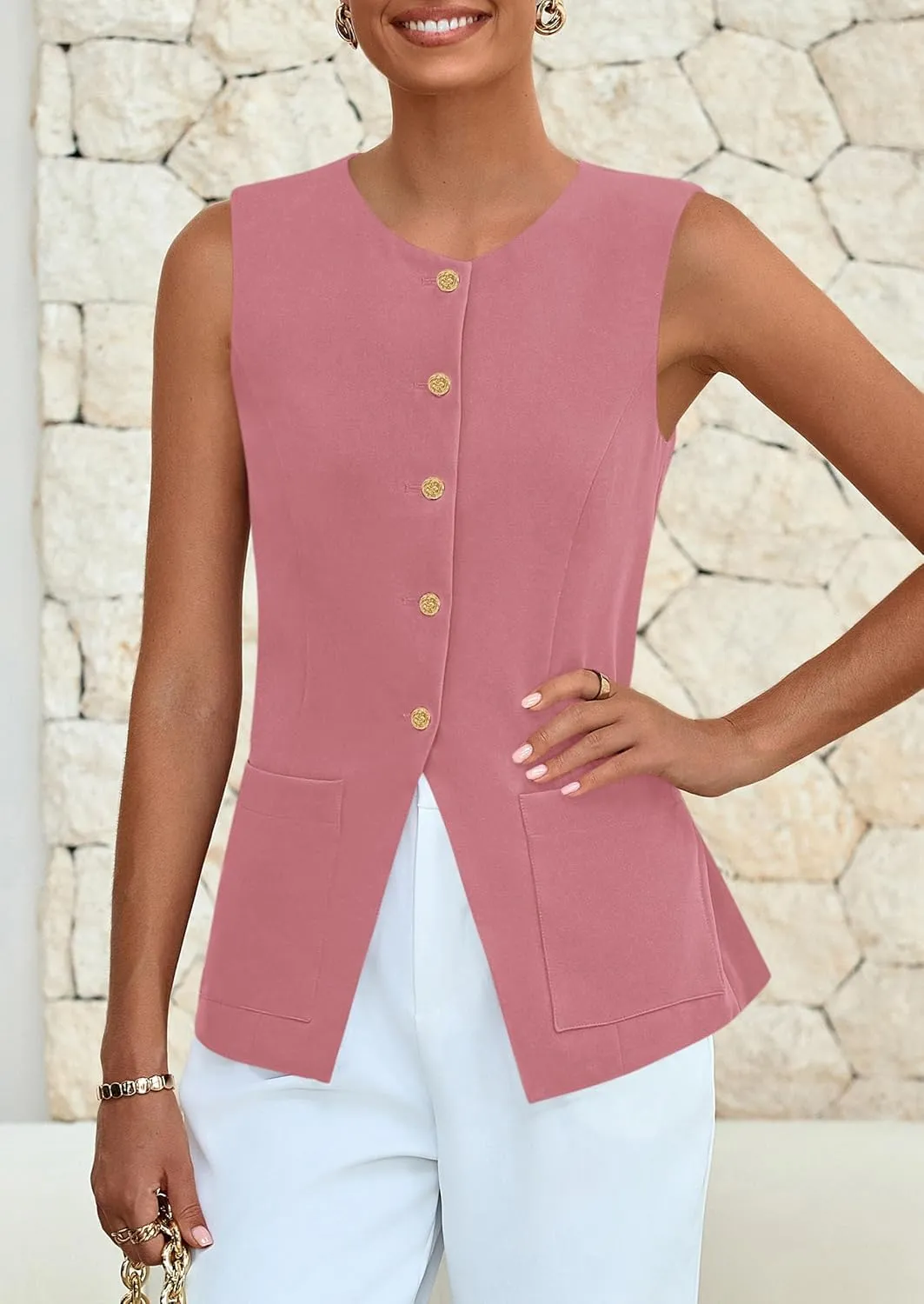 PRETTYGARDEN Women's Sleeveless Blazer Vest Summer 2025 Trendy Button Down Business Suit Vest Tops Outerwear Waistcoat