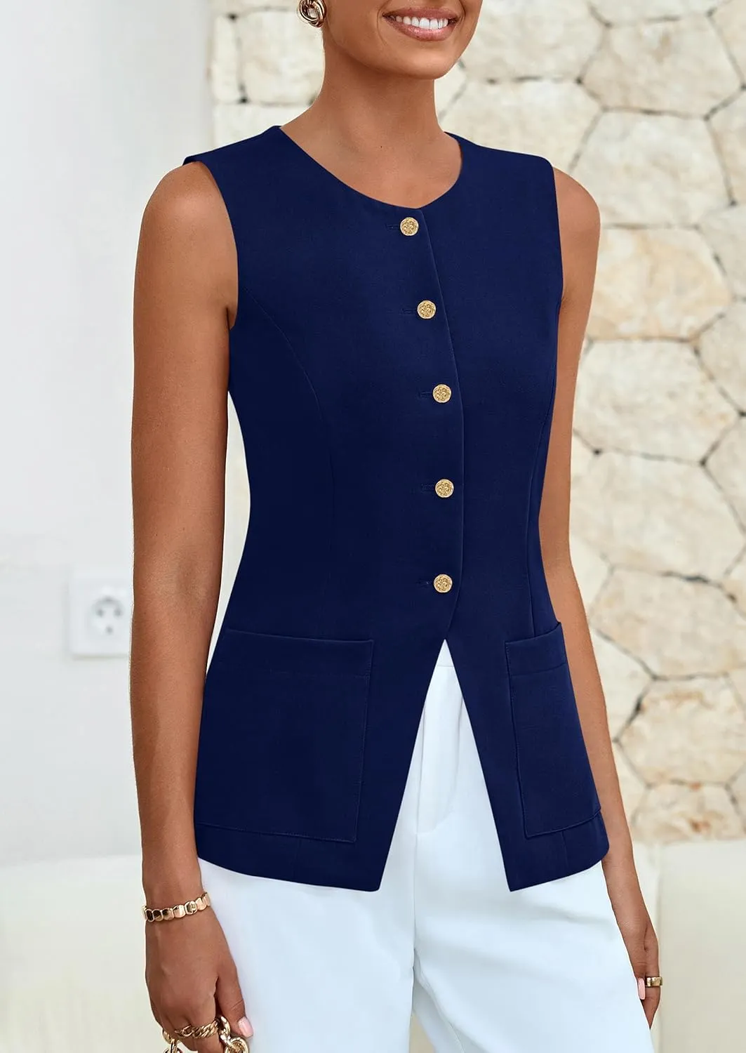 PRETTYGARDEN Women's Sleeveless Blazer Vest Summer 2025 Trendy Button Down Business Suit Vest Tops Outerwear Waistcoat