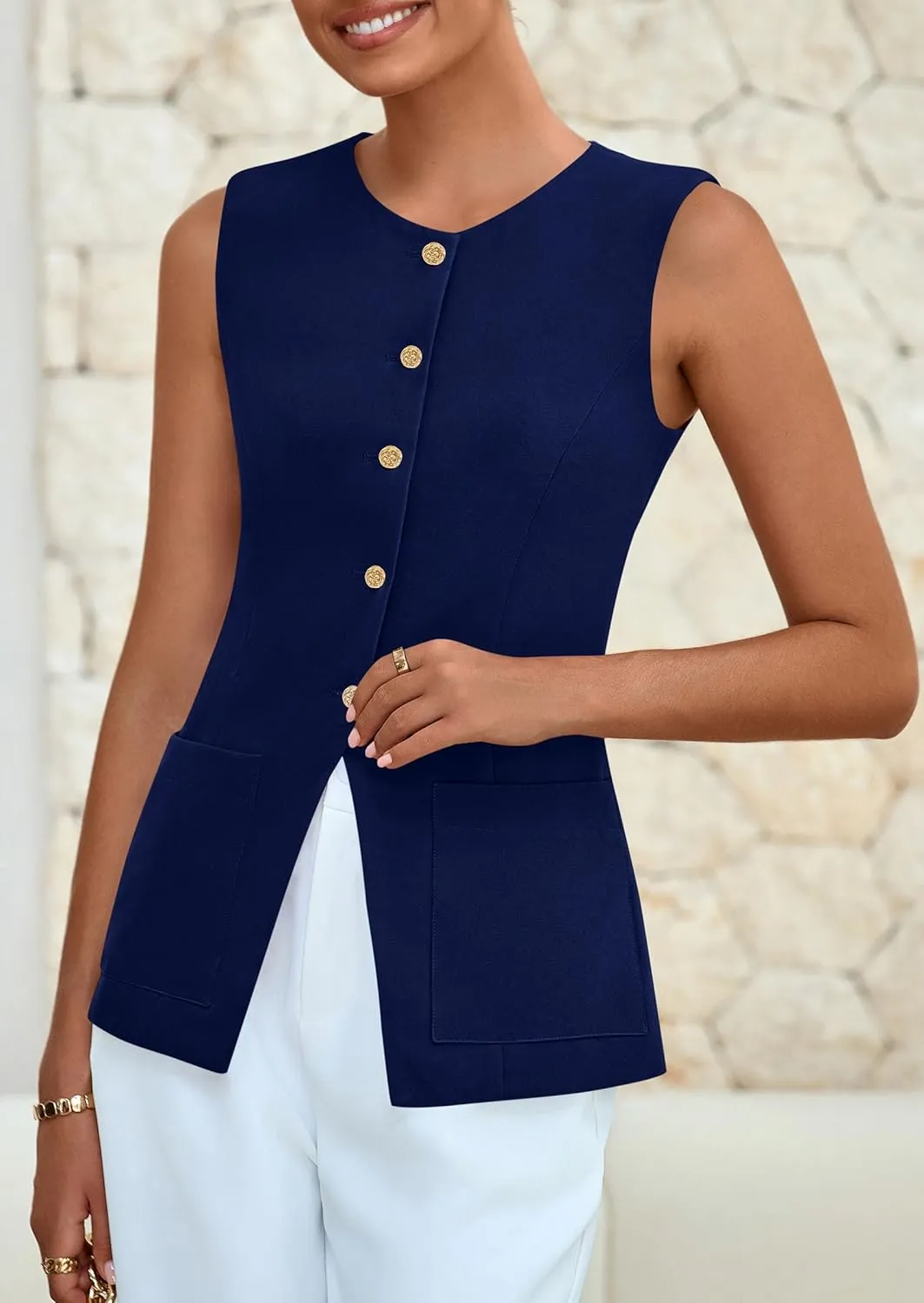 PRETTYGARDEN Women's Sleeveless Blazer Vest Summer 2025 Trendy Button Down Business Suit Vest Tops Outerwear Waistcoat