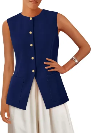 PRETTYGARDEN Women's Sleeveless Blazer Vest Summer 2025 Trendy Button Down Business Suit Vest Tops Outerwear Waistcoat