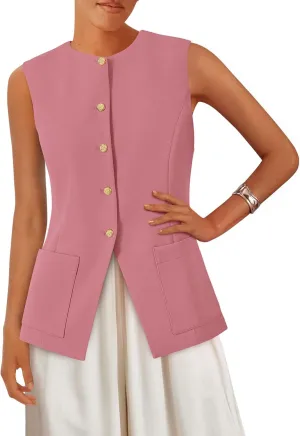 PRETTYGARDEN Women's Sleeveless Blazer Vest Summer 2025 Trendy Button Down Business Suit Vest Tops Outerwear Waistcoat