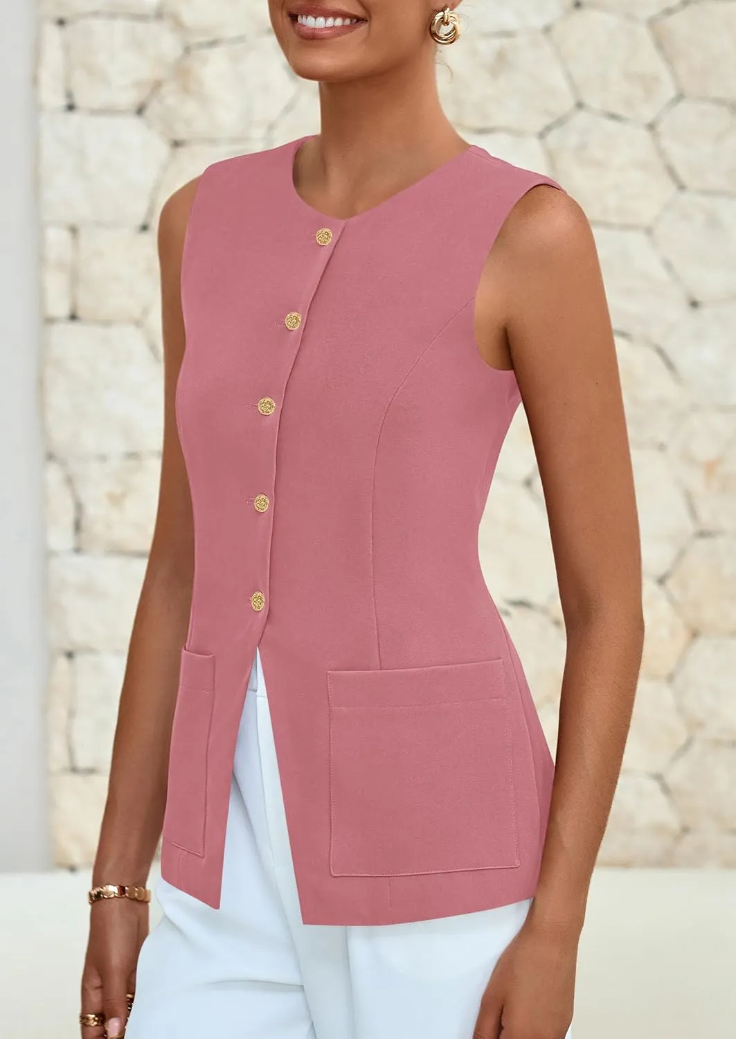 PRETTYGARDEN Women's Sleeveless Blazer Vest Summer 2025 Trendy Button Down Business Suit Vest Tops Outerwear Waistcoat