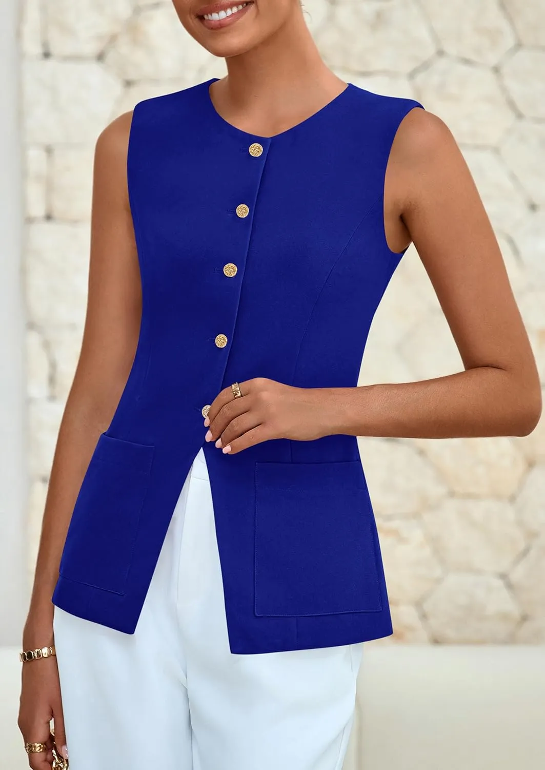 PRETTYGARDEN Women's Sleeveless Blazer Vest Summer 2025 Trendy Button Down Business Suit Vest Tops Outerwear Waistcoat