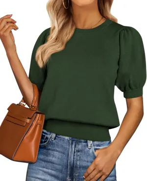 PRETTYGARDEN Womens Tops Spring 2025 Summer Puff Short Sleeve Sweater Crewneck Knit Work Blouses Dressy Casual Trendy Shirts