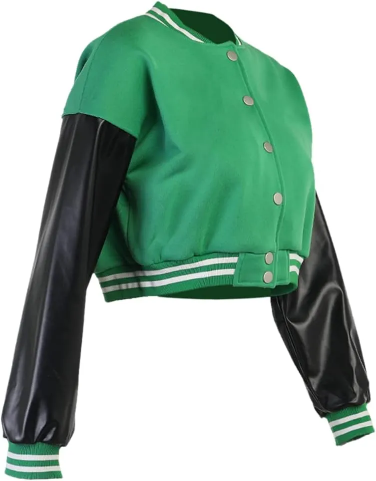 qfmqkpi Women Color block Crop Fleece Baseball Jacket Button Down Bomber Coats Sweatshirt