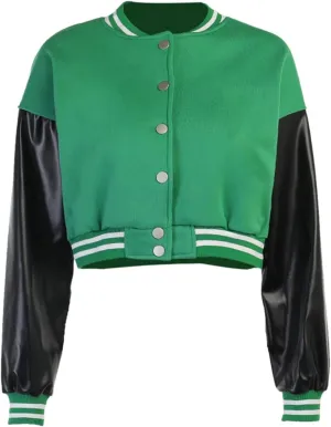 qfmqkpi Women Color block Crop Fleece Baseball Jacket Button Down Bomber Coats Sweatshirt