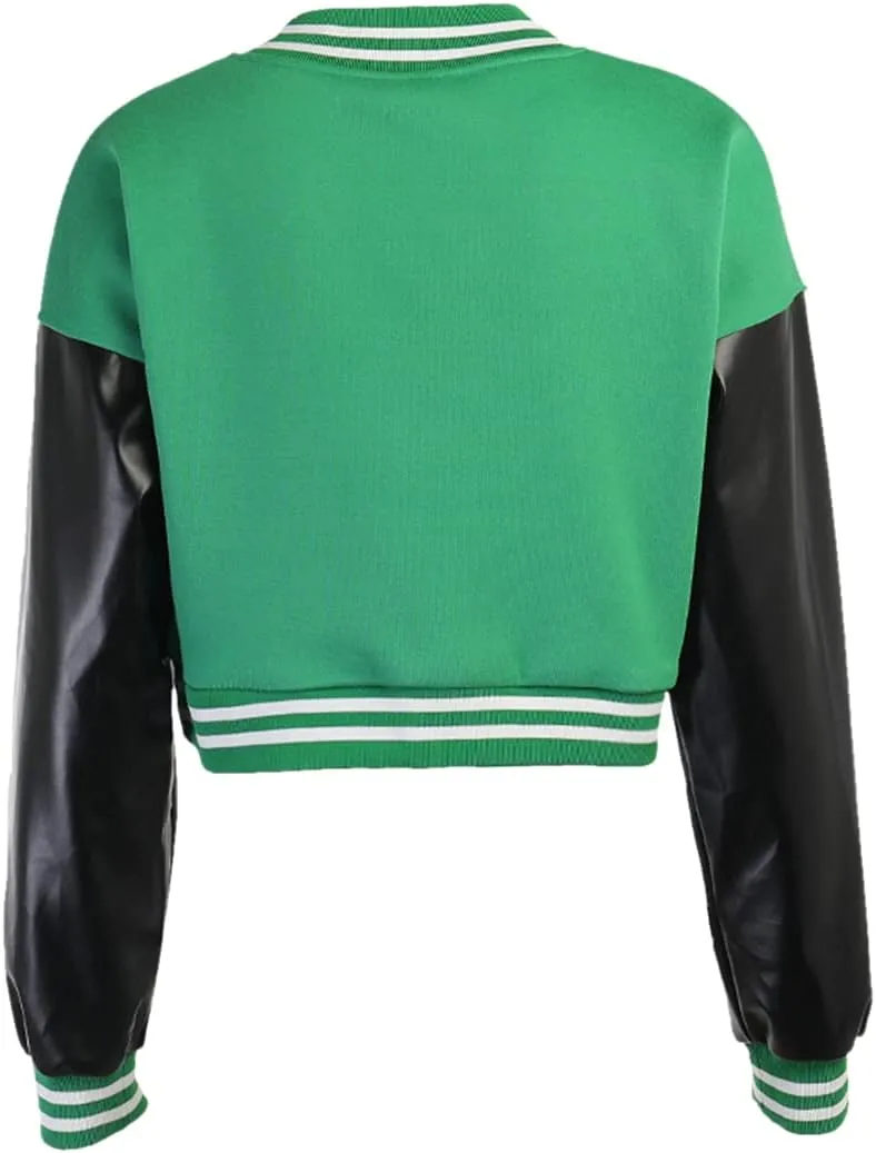 qfmqkpi Women Color block Crop Fleece Baseball Jacket Button Down Bomber Coats Sweatshirt
