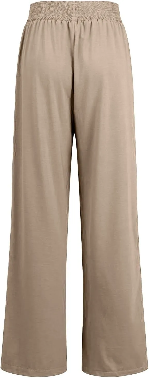 QWENTMTNTY High Waisted Palazzo Pants for Women Cotton Linen Wide Leg Casual Summer Plus Size Long Pants Trousers Pockets