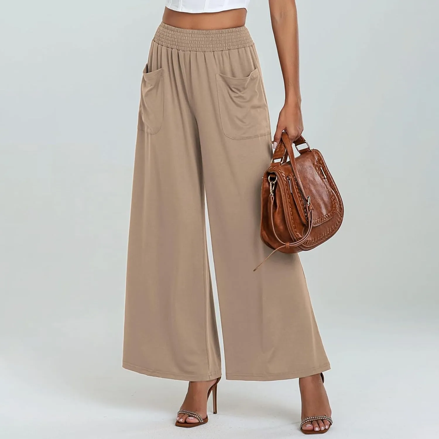 QWENTMTNTY High Waisted Palazzo Pants for Women Cotton Linen Wide Leg Casual Summer Plus Size Long Pants Trousers Pockets