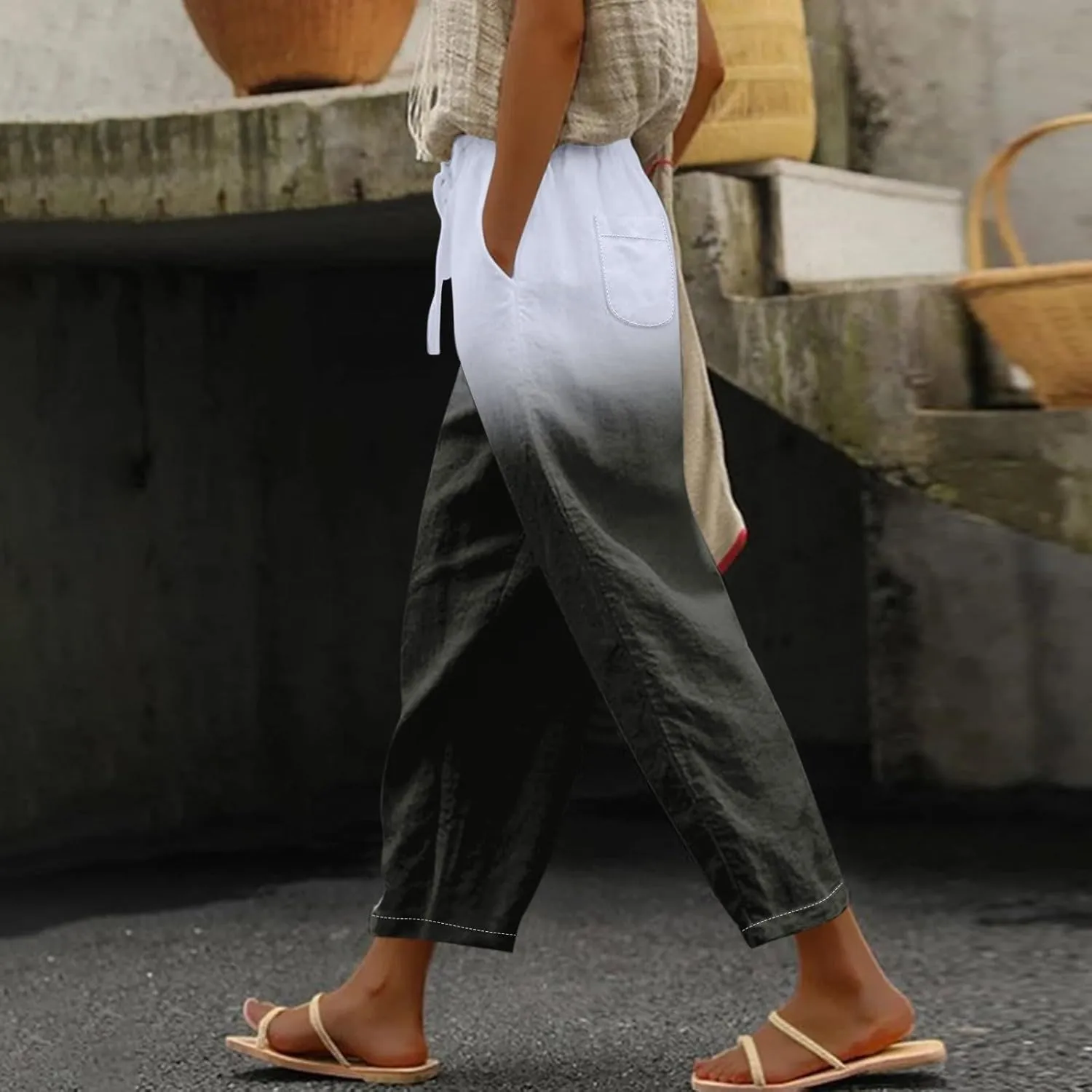Resort Wear for Women 2025 Cotton Linen Elastic Seven Pants Beach Casual Pants Linen Casual Beach Long Pants