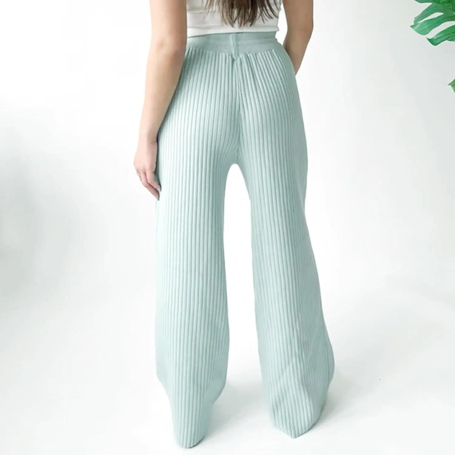 Ribbed Knit Pants Women High Elastic Waist Flare Sweater Pants Wide Leg Lounge Pants Sleep Drawstring Trousers