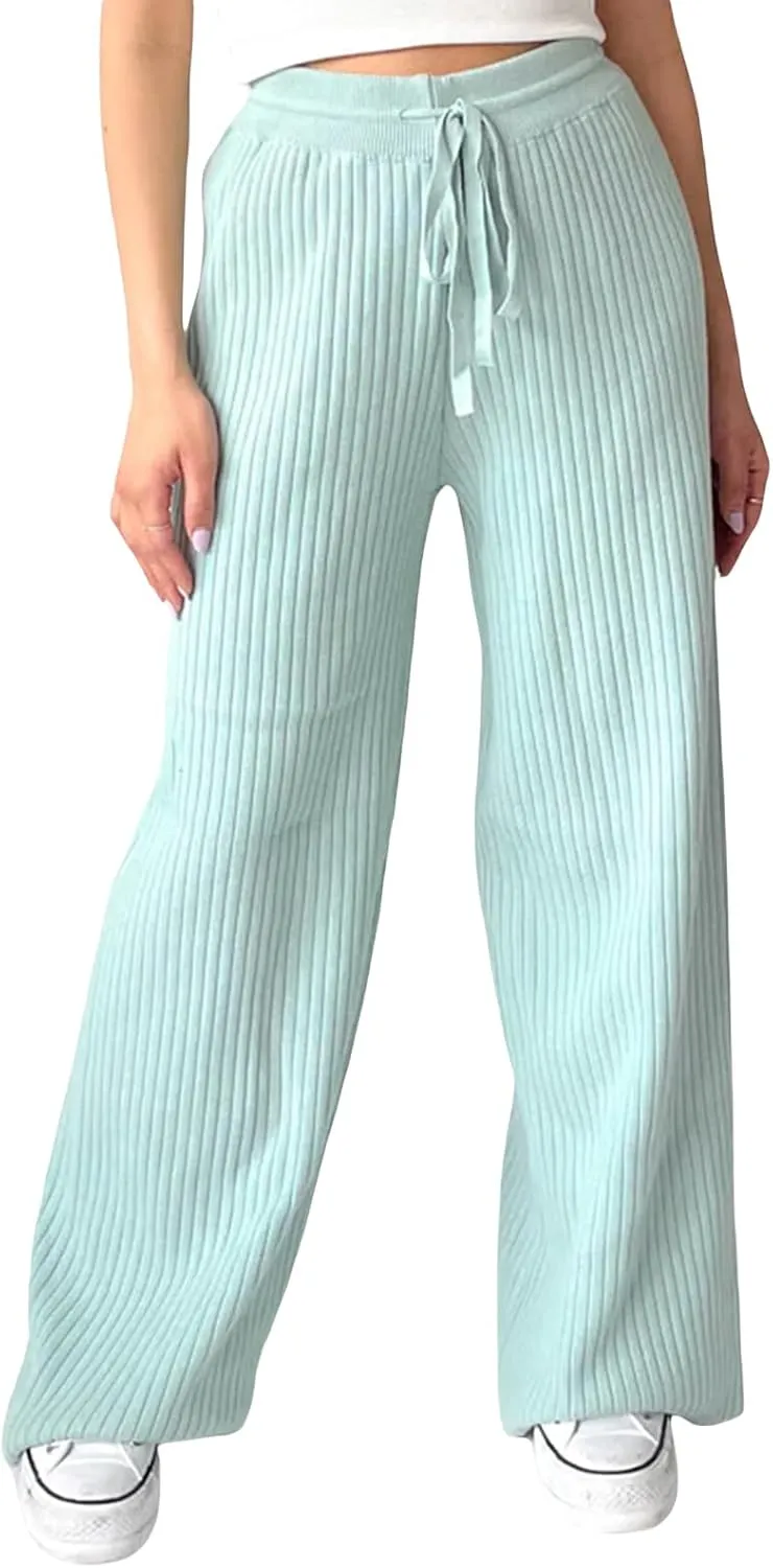 Ribbed Knit Pants Women High Elastic Waist Flare Sweater Pants Wide Leg Lounge Pants Sleep Drawstring Trousers