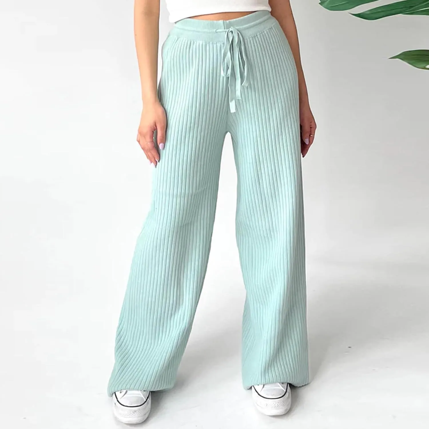 Ribbed Knit Pants Women High Elastic Waist Flare Sweater Pants Wide Leg Lounge Pants Sleep Drawstring Trousers
