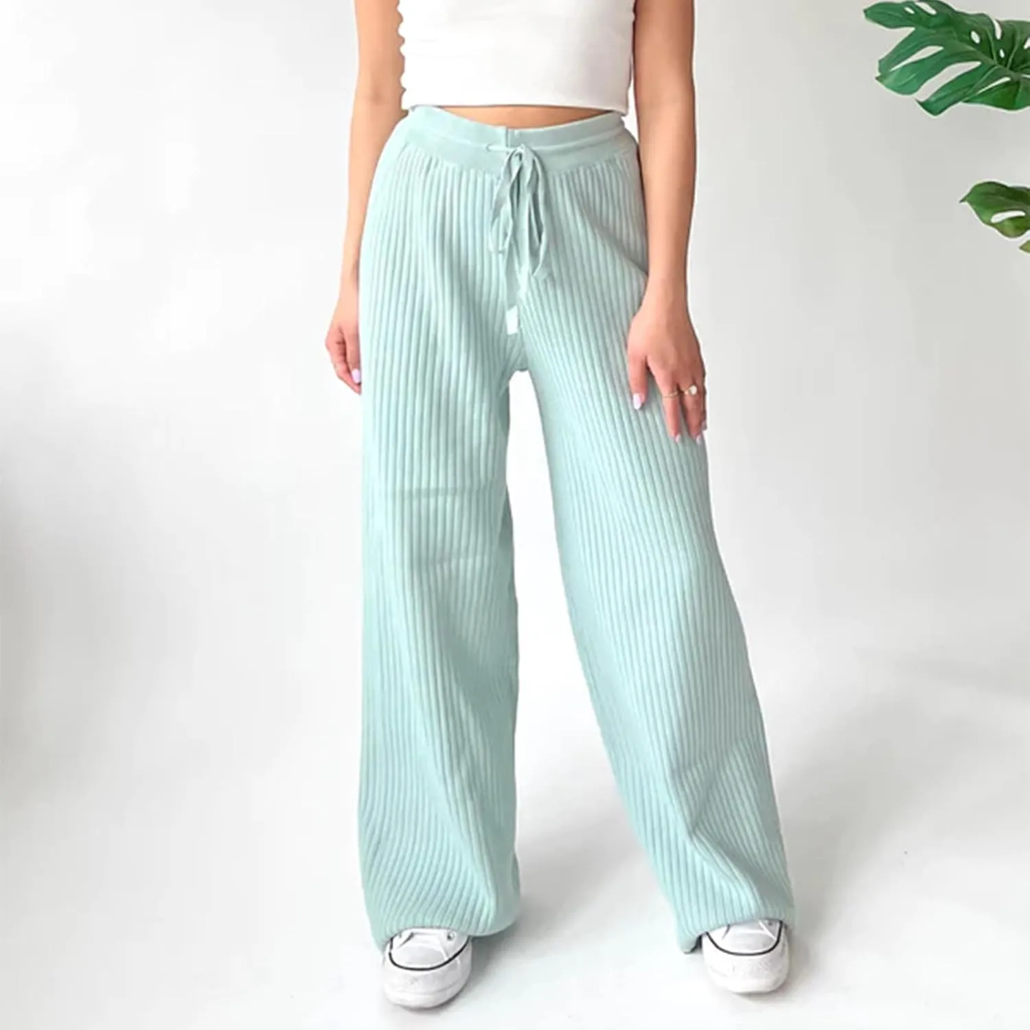 Ribbed Knit Pants Women High Elastic Waist Flare Sweater Pants Wide Leg Lounge Pants Sleep Drawstring Trousers