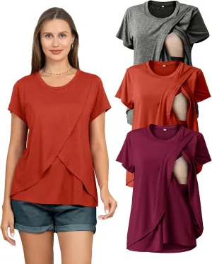 Rnxrbb 3 Pack Women's Nursing Tops for Breastfeeding Summer Short Sleeve T Shirts Postpartum Double Layer Clothes
