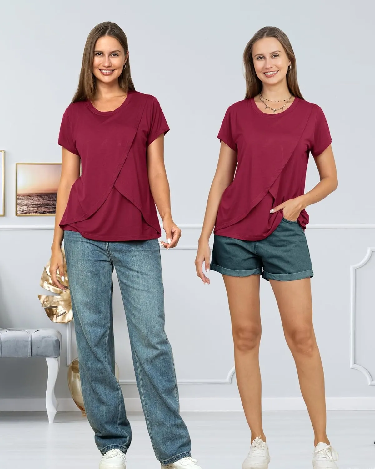 Rnxrbb 3 Pack Women's Nursing Tops for Breastfeeding Summer Short Sleeve T Shirts Postpartum Double Layer Clothes