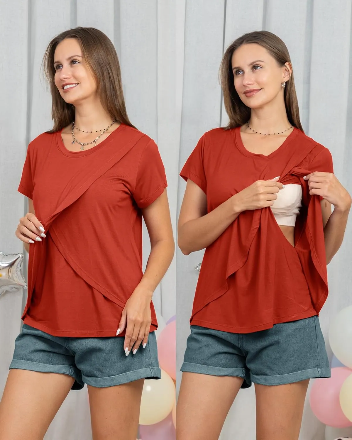 Rnxrbb 3 Pack Women's Nursing Tops for Breastfeeding Summer Short Sleeve T Shirts Postpartum Double Layer Clothes