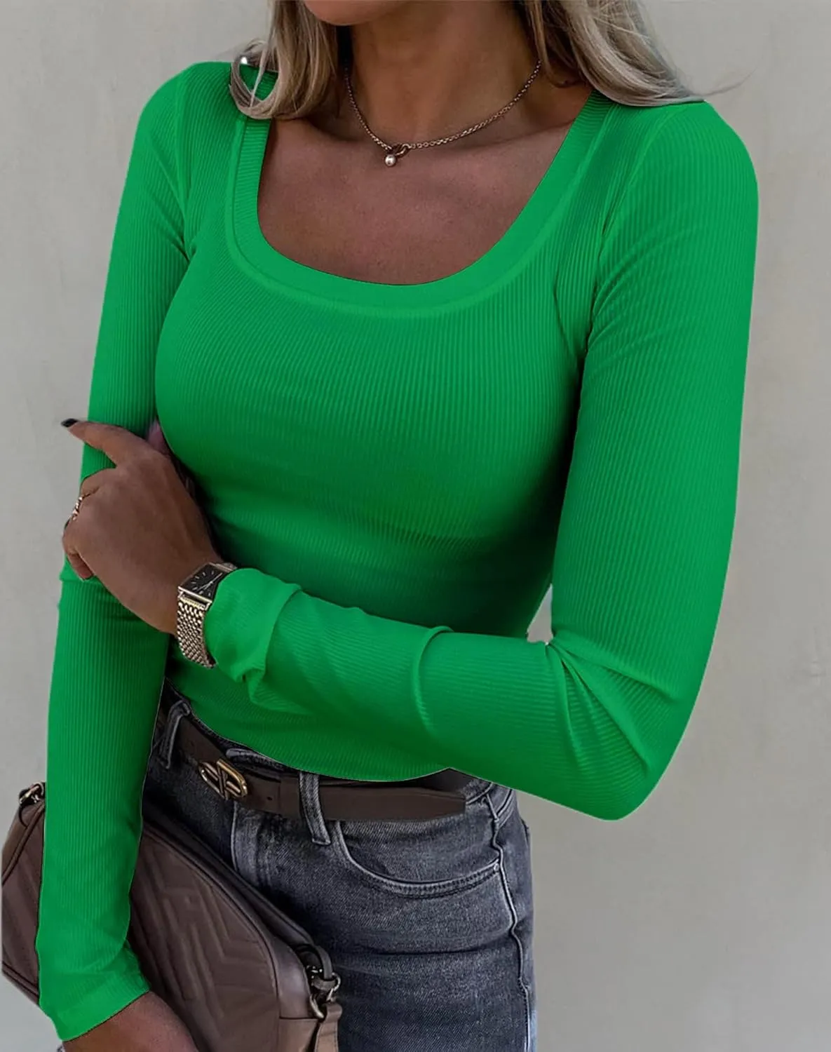 Roselux Womens Long Sleeve Scoop Neck Ribbed Knit Fitted Casual Tops Tee Slim Basic Shirts