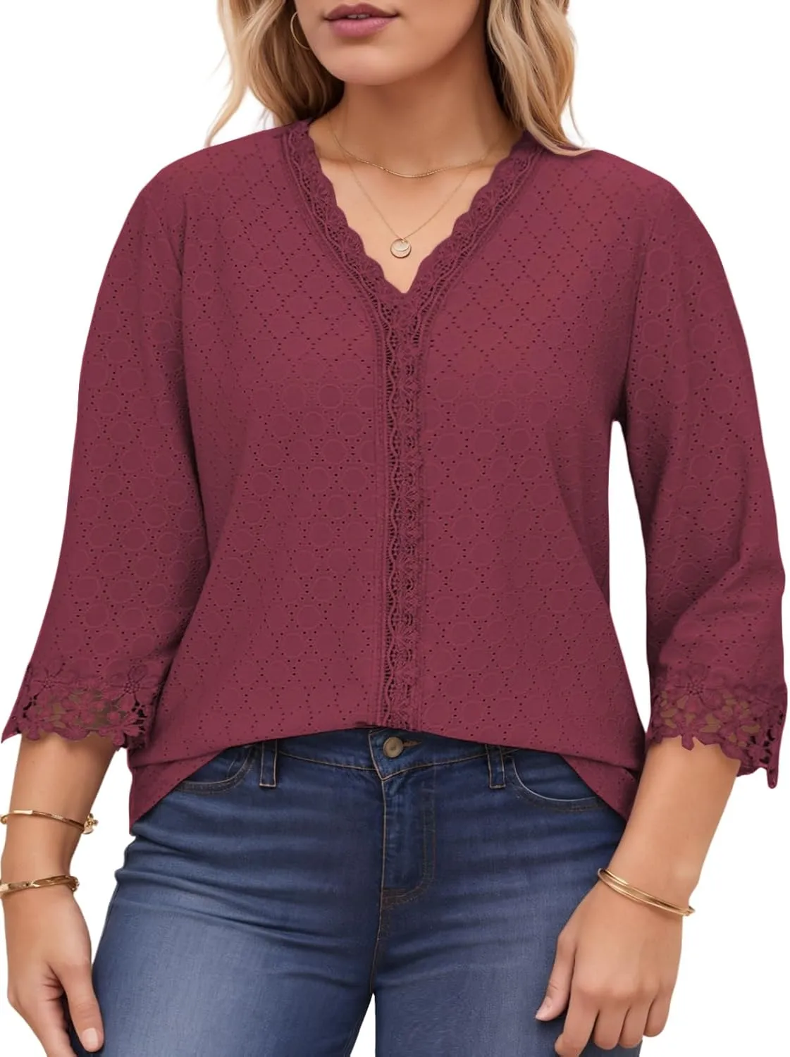 ROSRISS Womens-Tops-Plus-Size Dressy Lace Trim V Neck 3/4 Length Sleeve Shirts Trendy Dot Eyelet Blouses Casual Loose Tunics