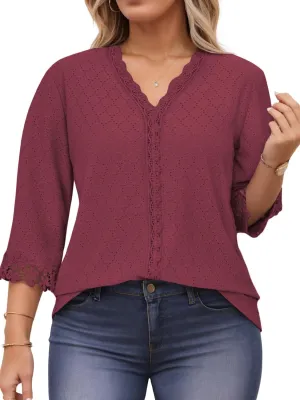 ROSRISS Womens-Tops-Plus-Size Dressy Lace Trim V Neck 3/4 Length Sleeve Shirts Trendy Dot Eyelet Blouses Casual Loose Tunics