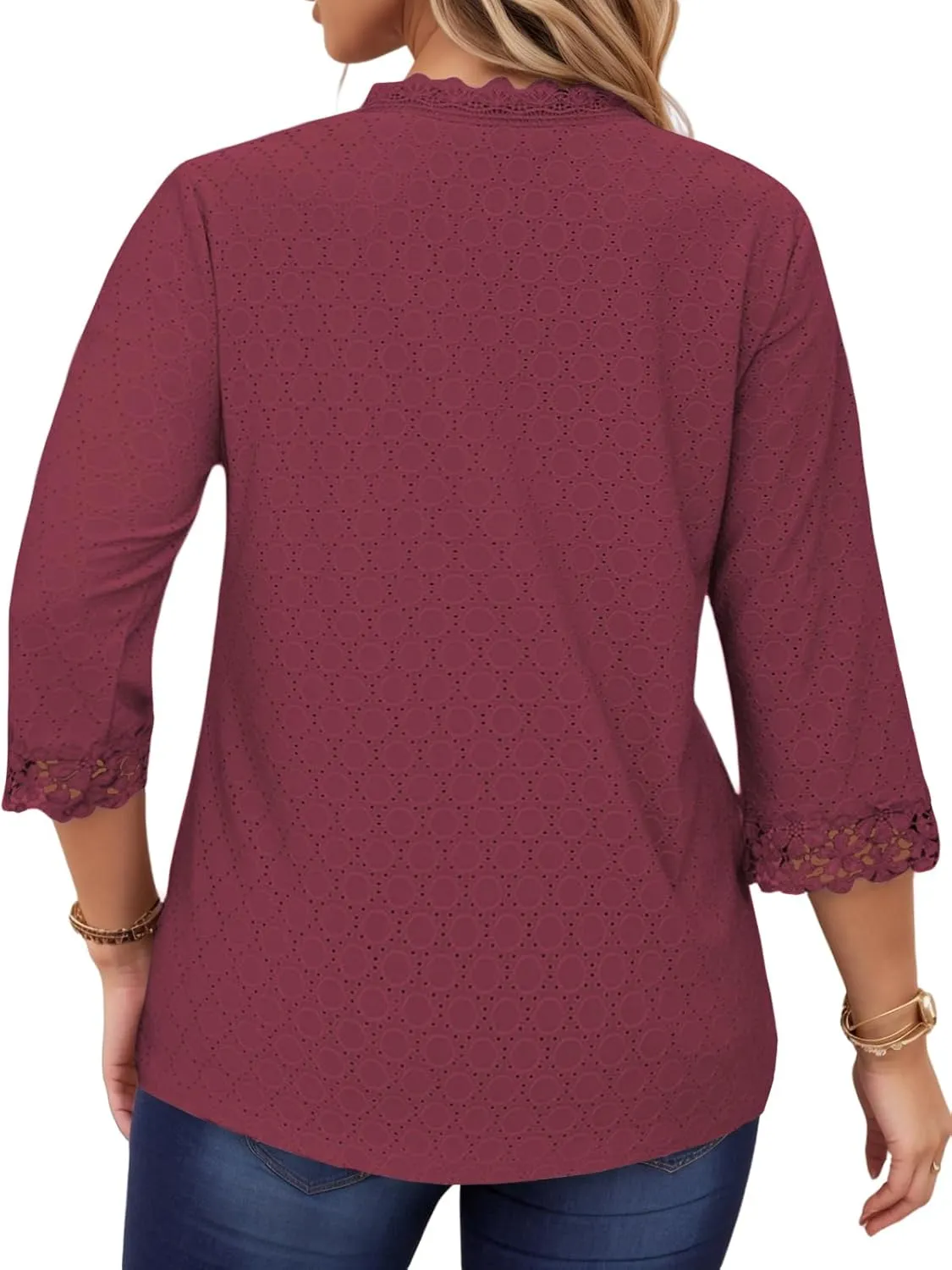 ROSRISS Womens-Tops-Plus-Size Dressy Lace Trim V Neck 3/4 Length Sleeve Shirts Trendy Dot Eyelet Blouses Casual Loose Tunics