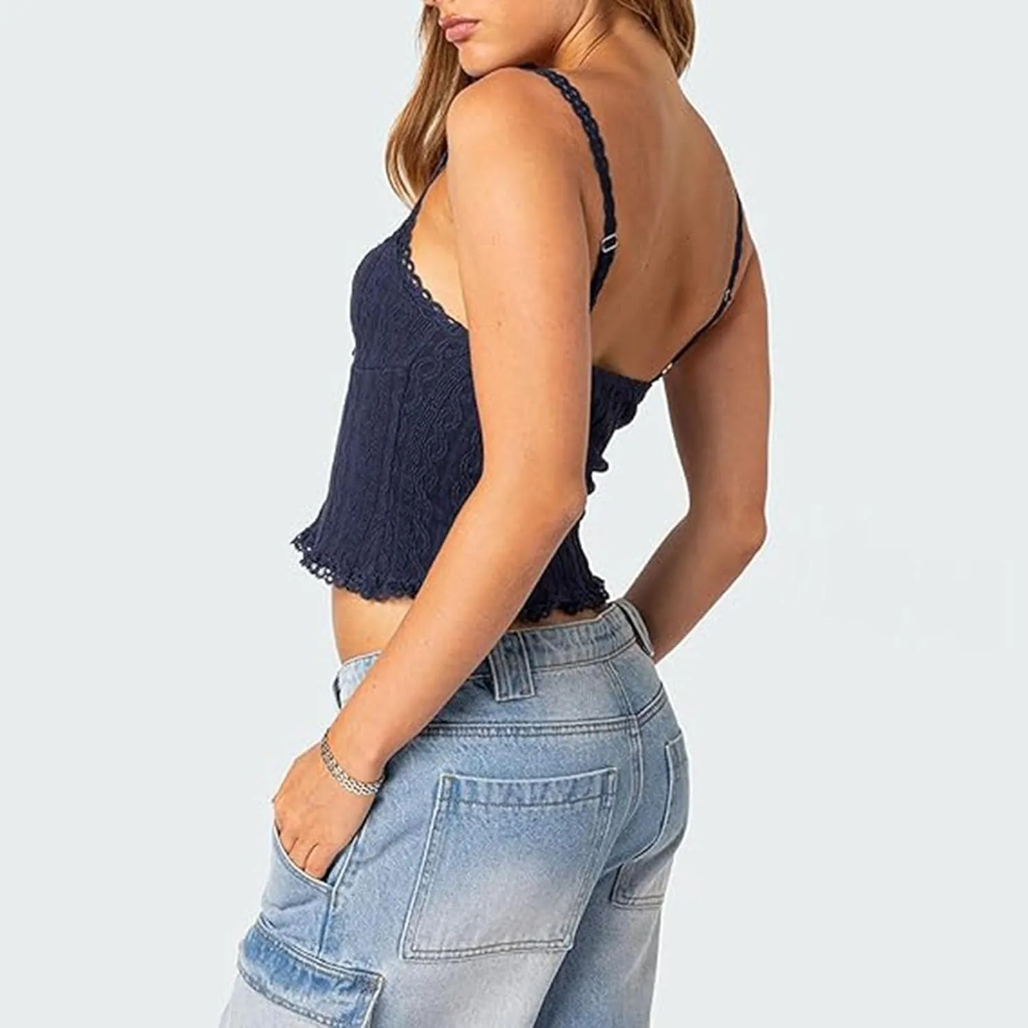 RUEWEY Women Lace Trim Camisole Spaghetti Strap Tank Tops Sleeveless Cami Shirt Summer Going Out Top