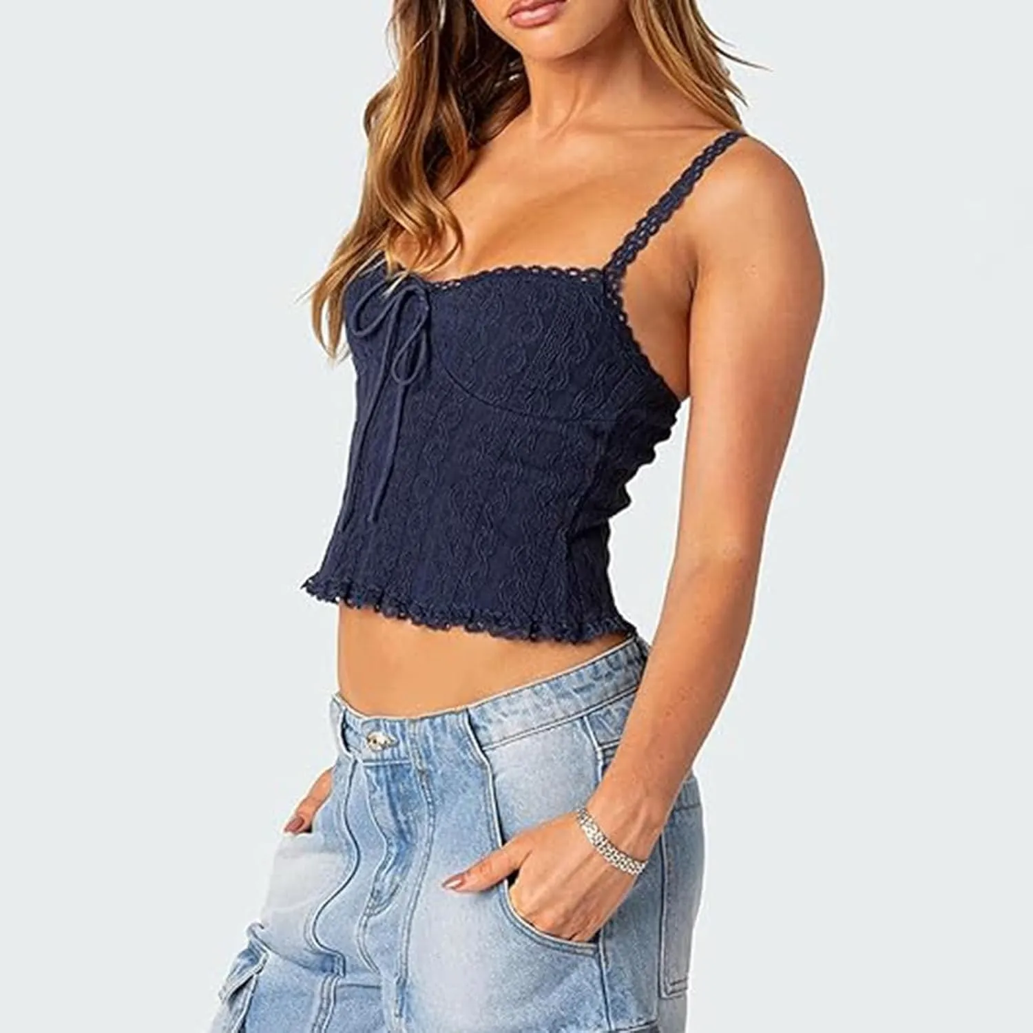RUEWEY Women Lace Trim Camisole Spaghetti Strap Tank Tops Sleeveless Cami Shirt Summer Going Out Top