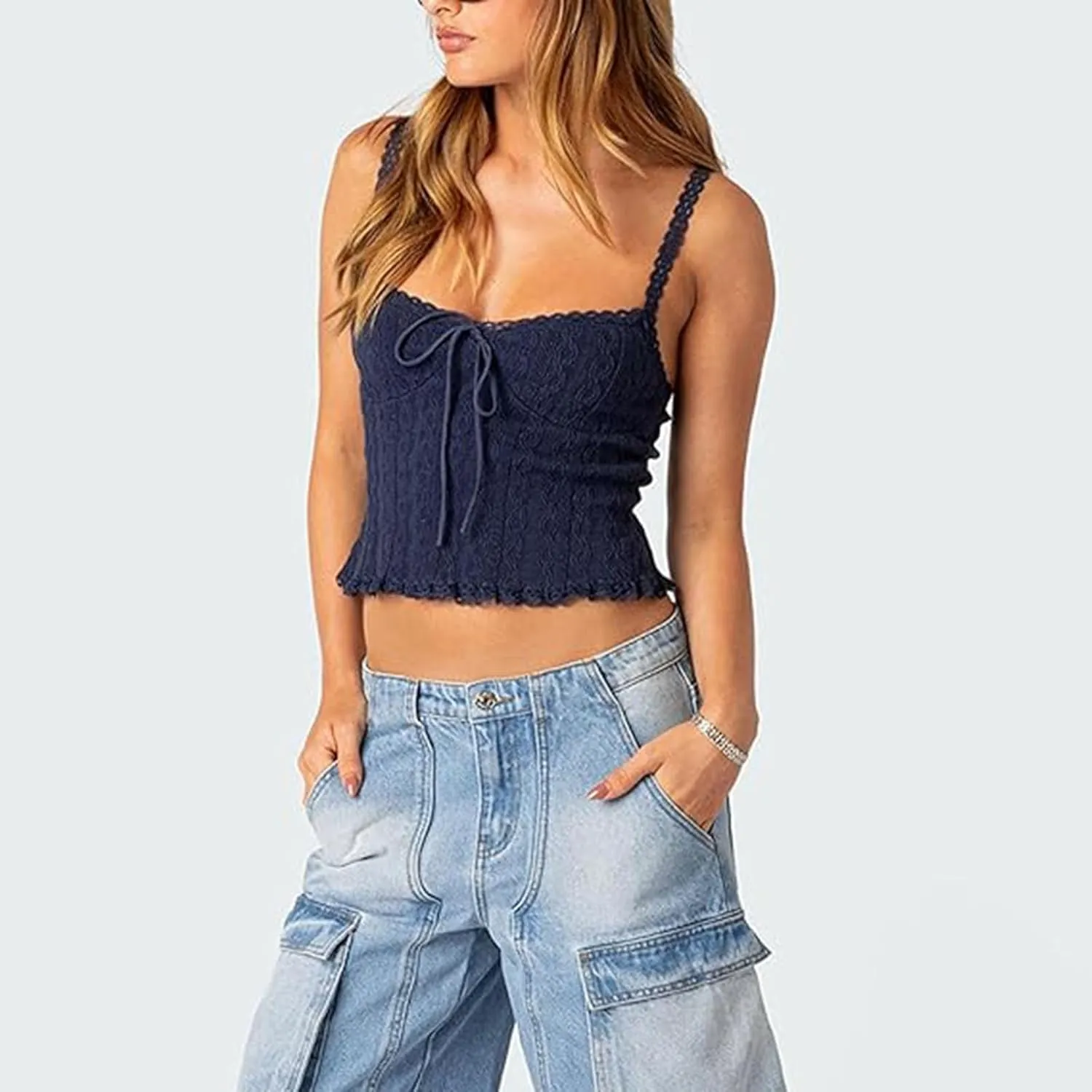 RUEWEY Women Lace Trim Camisole Spaghetti Strap Tank Tops Sleeveless Cami Shirt Summer Going Out Top