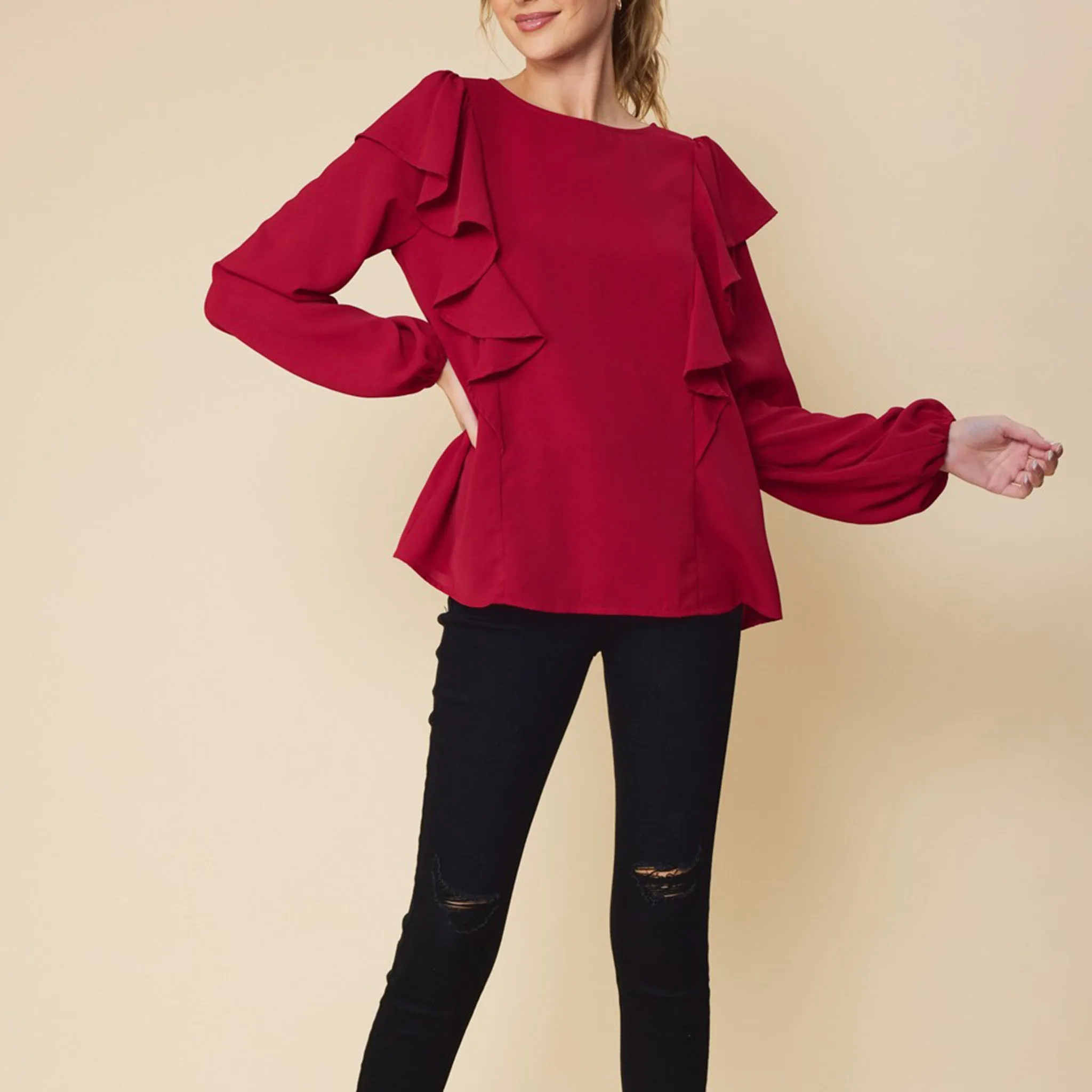 Ruffle Detailed Long Sleeve Top